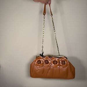 Clever Carriage Company leather rose bouquet shoulder bag kisslock  clutch brown